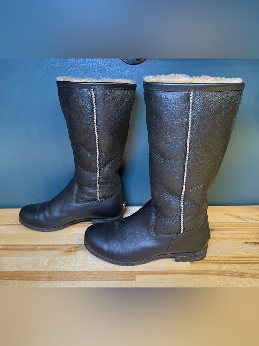 UGG Black Leather Shearling-Lined Mid-Calf Boots
